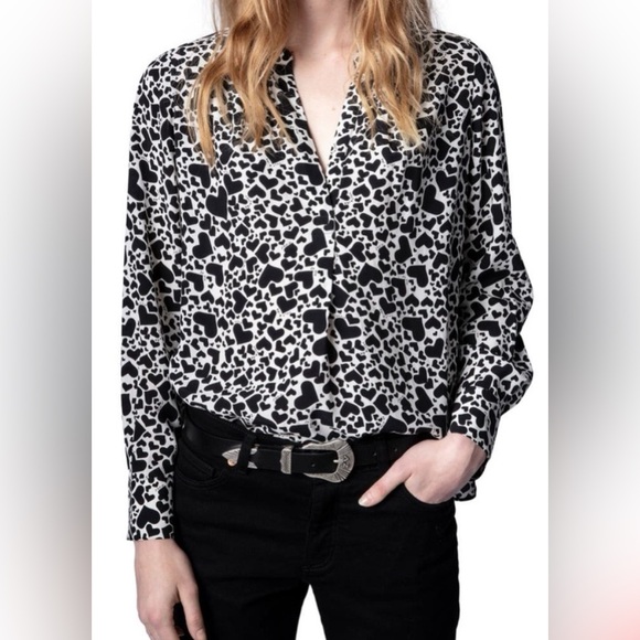 Zadig & Voltaire Tink coeur noir heart black white viscose button down Shirt - Picture 1 of 4